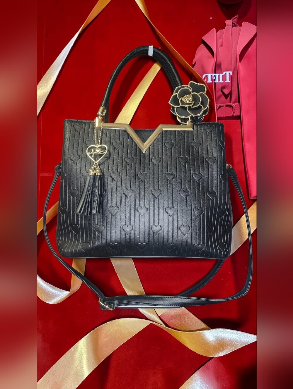 Crossi New York Black Embossed Heart Handbag In Black